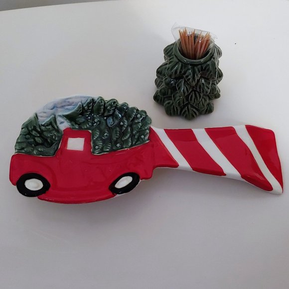 Christmas Farm Truck with Pine Tree Spoon Rest and Toothpick Holder Set NEW - Picture 1 of 2
